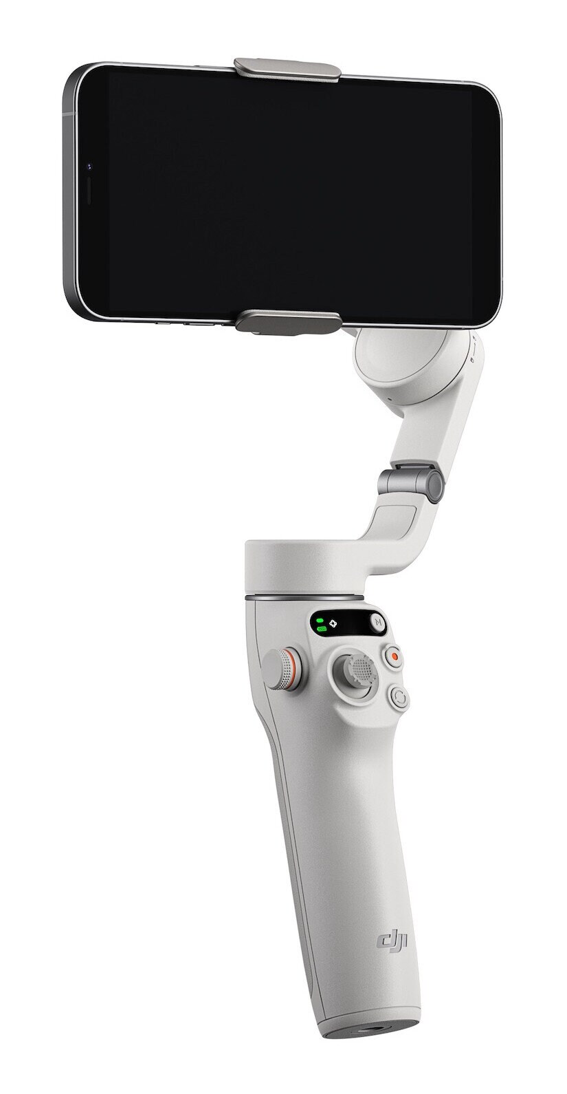 Biały stabilizator telefonu z dołączonym telefonem, widoczne przyciski.