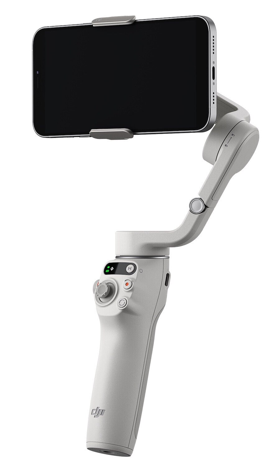 Biały gimbal ręczny trzymający telefon. Telefon jest czarny, a gimbal ma przyciski.