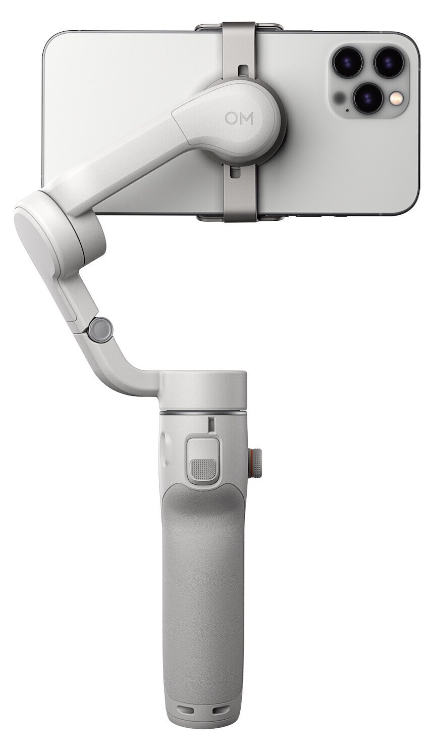 Biały telefon przymocowany do białego stabilizatora/gimbala do telefonu. Telefon jest w trybie poziomym.