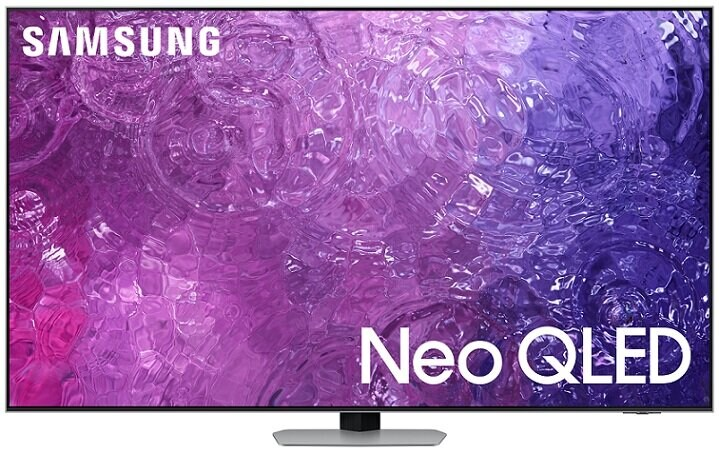Telewizor Samsung Neo QLED z fioletowo-białym abstrakcyjnym wzorem na ekranie.