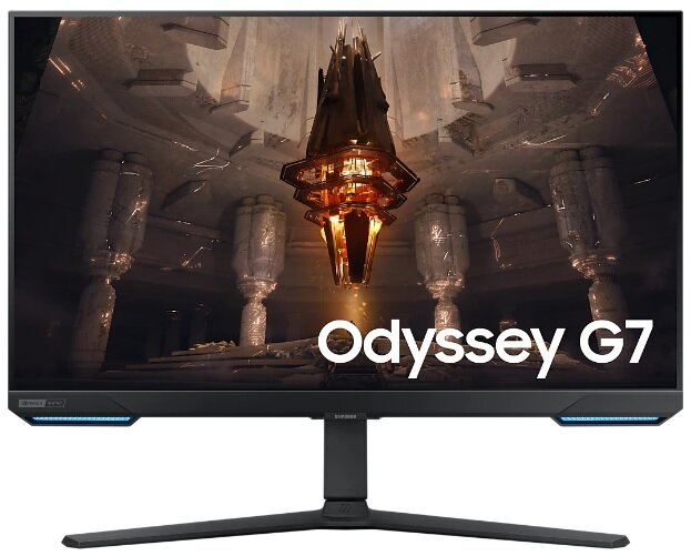 Zakrzywiony monitor z podstawką, wyświetlający scenę z gry.