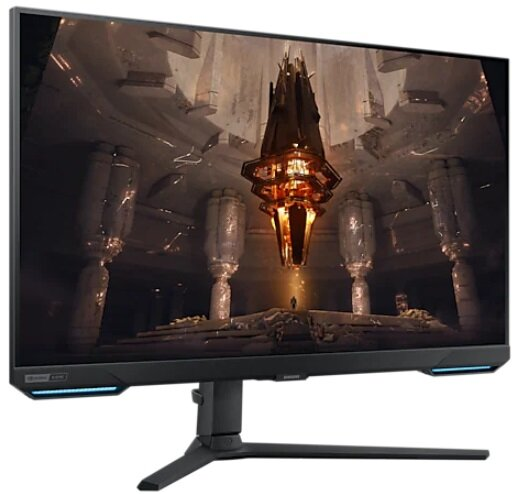 Duży, zakrzywiony monitor z czarną ramką i podstawą.