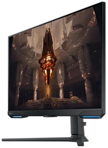 Monitor do gier wyświetlający scenę fantasy. Monitor jest czarny, ze stojakiem i smukłą ramką.