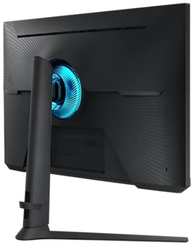 Tył czarnego monitora komputera z niebieskim światłem.