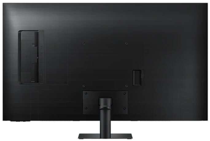 Tył czarnego monitora. Posiada kilka portów i uchwyt, pokazując elegancki, minimalistyczny design.