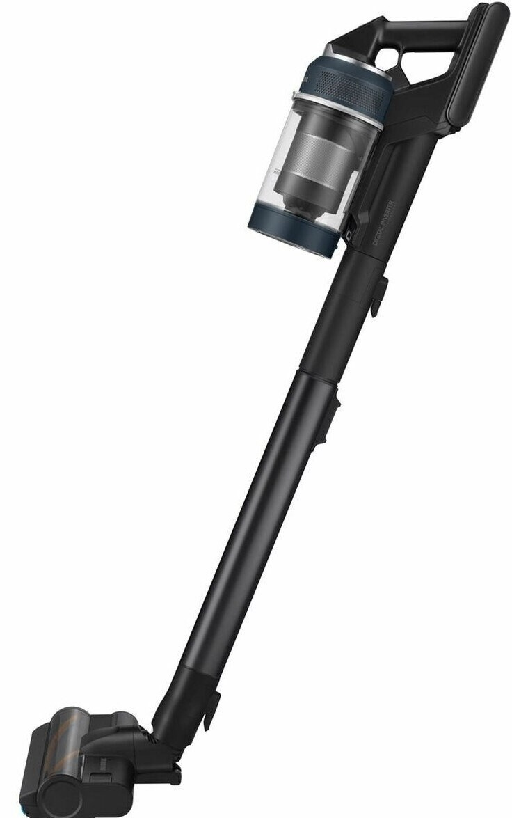 Czarno-niebieski bezprzewodowy odkurzacz na białym tle, widok z boku, nowoczesny design.