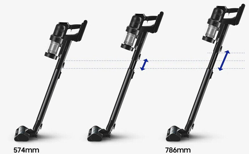 Trzy czarne odkurzacze pokazujące regulację wysokości. Pokazano wymiary.