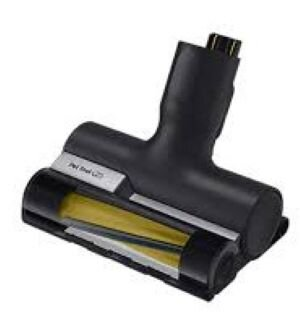 Czarna głowica odkurzacza z żółtą szczotką. Głowica ma konstrukcję do sierści zwierząt.