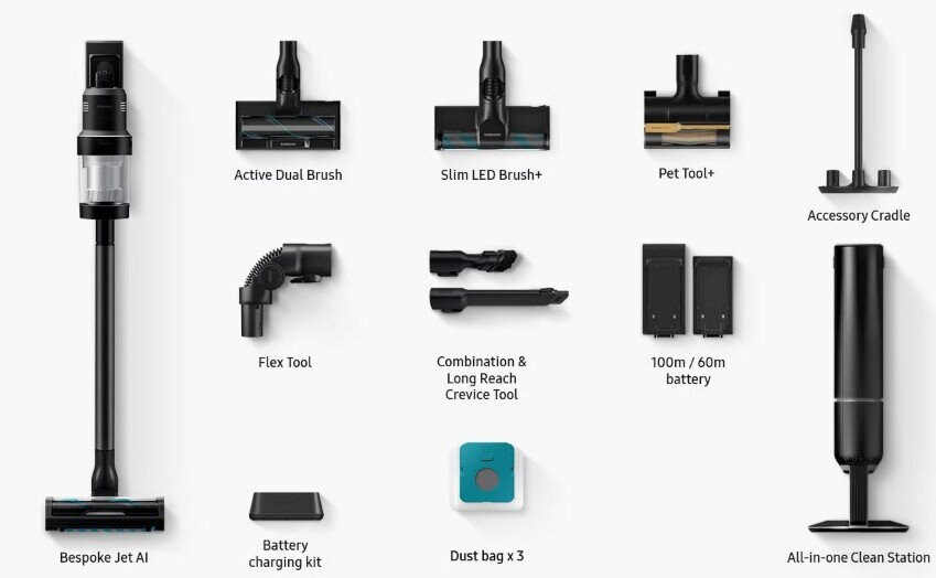 Odkurzacz i jego akcesoria wyświetlane na białym tle.