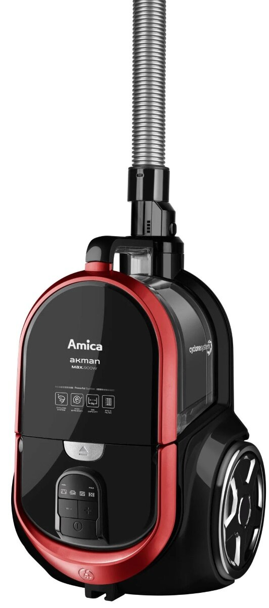 Czarno-czerwony odkurzacz Amica Akman. Posiada wąż, kółka i różne przyciski.