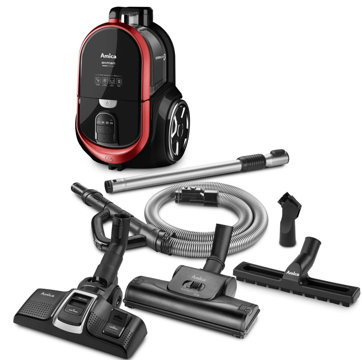 Czarny i czerwony odkurzacz z akcesoriami na białym tle.