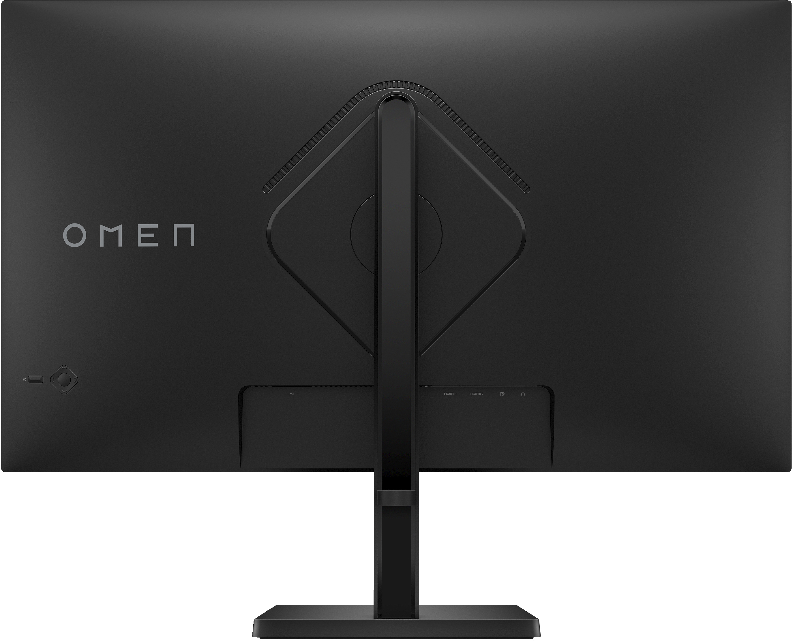 Rückseite eines schwarzen Computermonitors. Anschlüsse, Ständer und Marke 'OMEN'. Schwarzer Hintergrund.