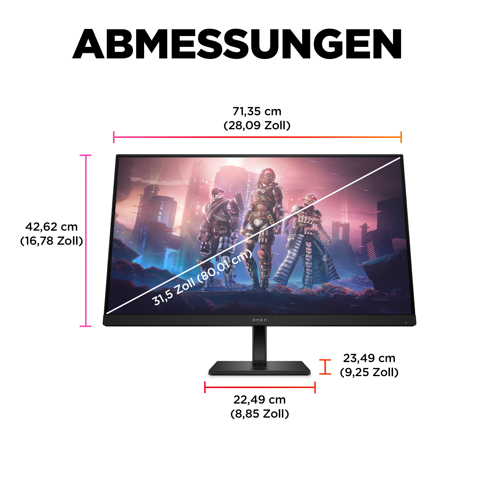 Monitor mit schwarzem Rahmen, Maße an den Seiten, weißer Hintergrund.