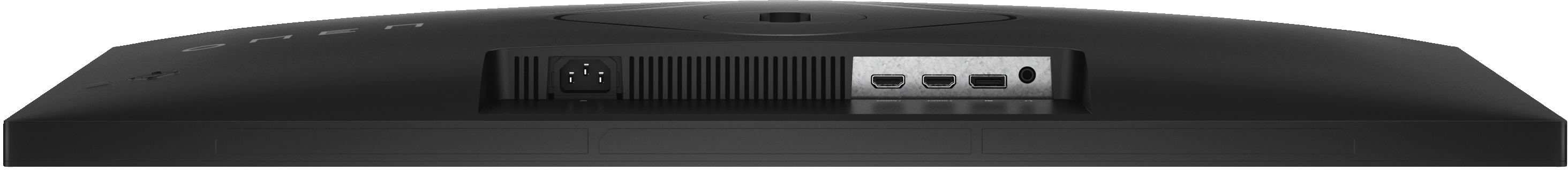 Rückseite eines schwarzen Computermonitors mit Anschlüssen und Stromeingang.