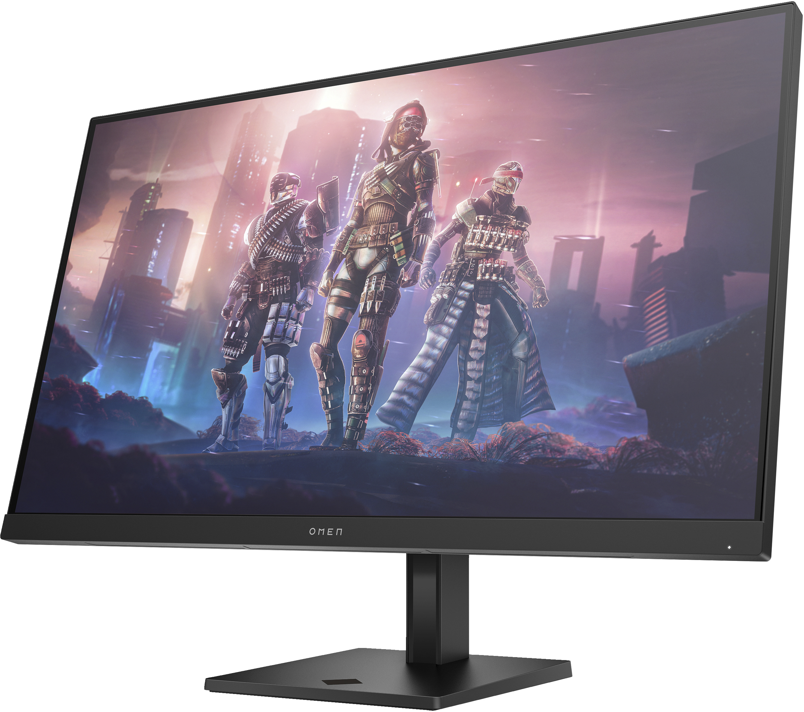 Ein Gaming-Monitor mit drei Figuren in einer Spielszene. Es hat einen schwarzen Sockel und Rahmen.