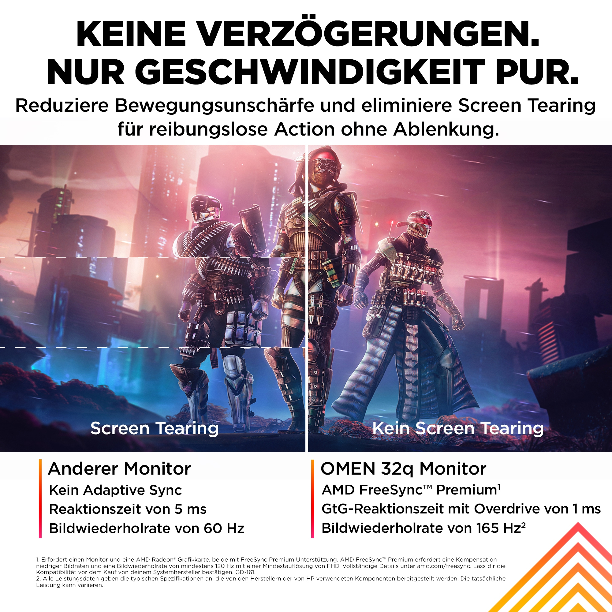 Bild, das Screen Tearing vs. kein Screen Tearing vergleicht, mit Text über die AMD FreeSync-Technologie.