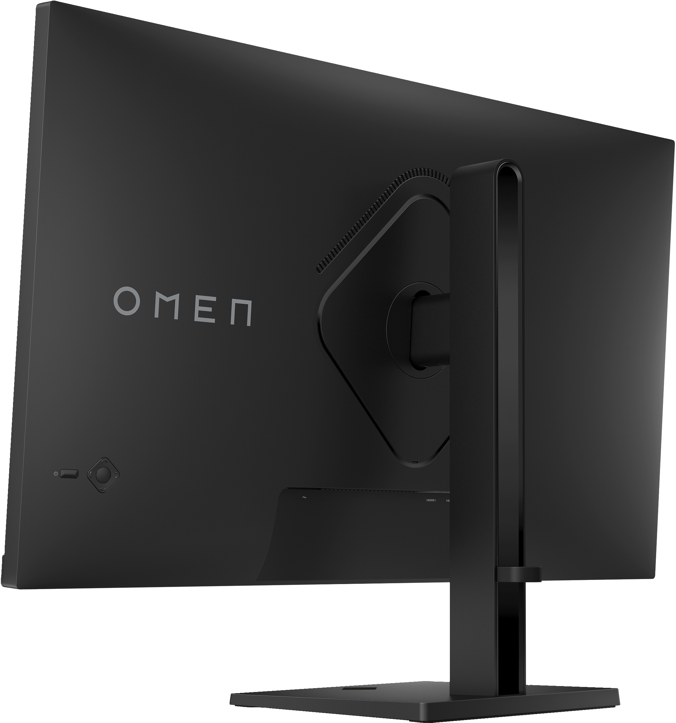Schwarzer Computermonitor von hinten. Das Wort OMEN steht auf der Rückseite.