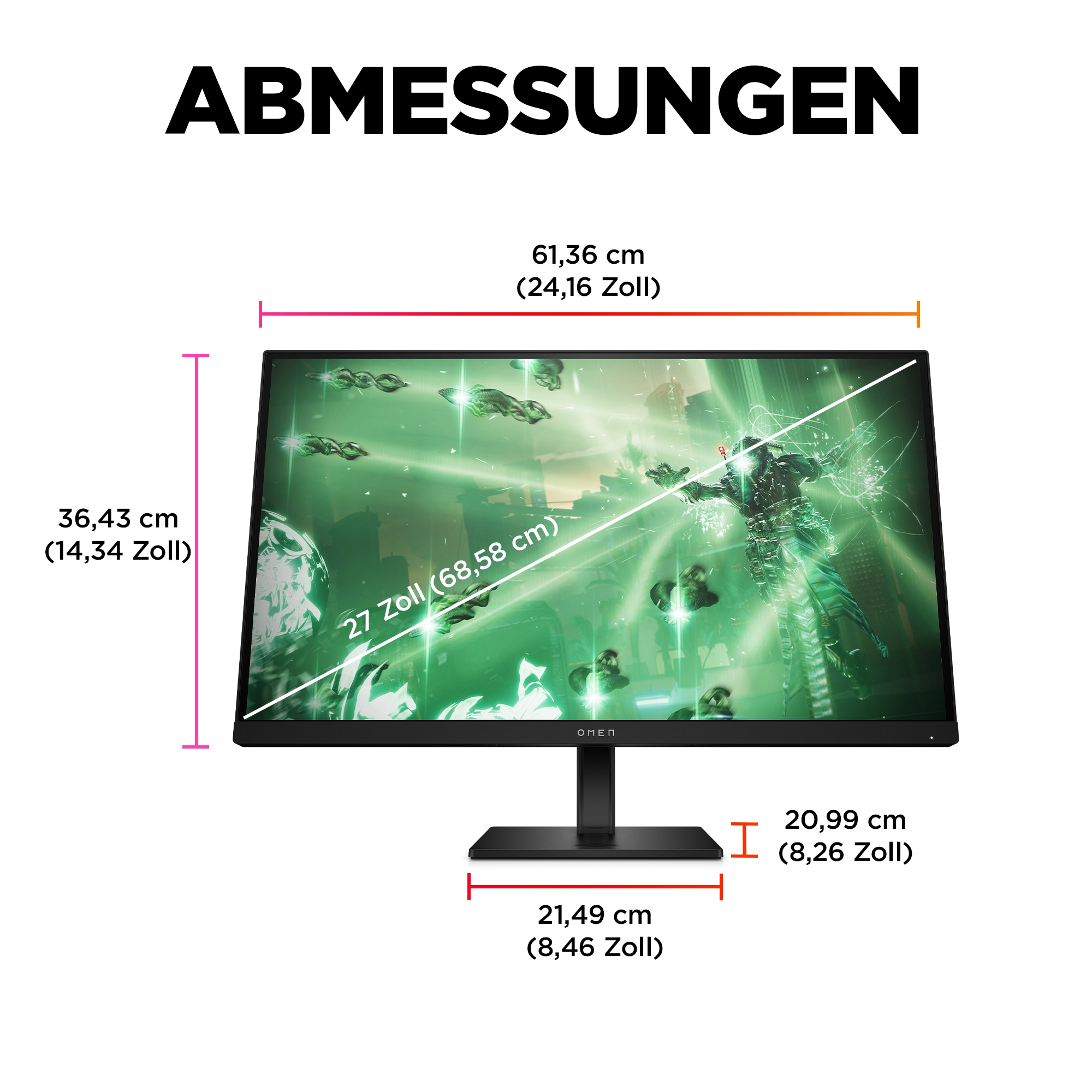 Monitor zeigt Spielszene, mit Abmessungen und Text auf dem Bildschirm.