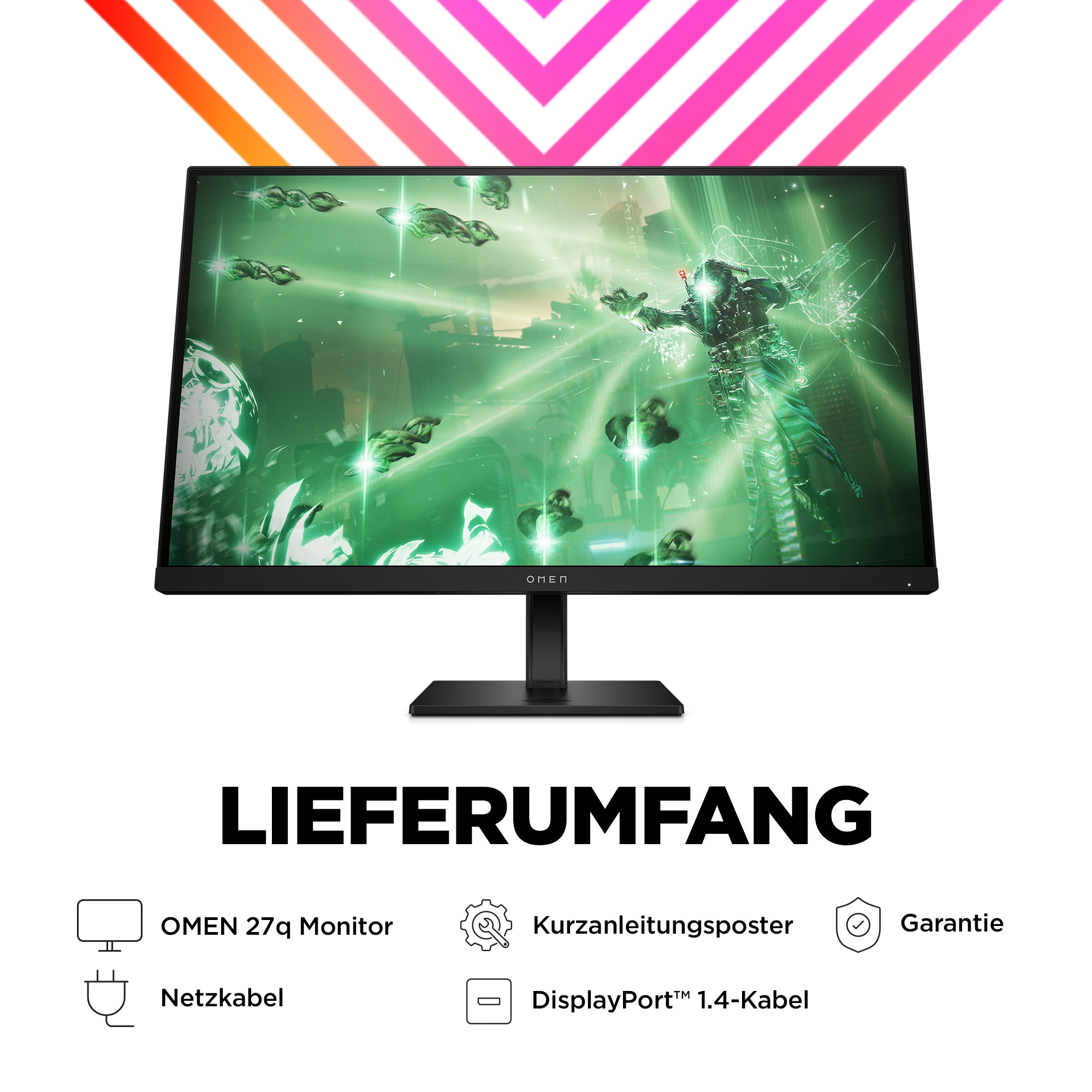 Schwarzer Monitor mit Spielszene, mit Ständer und Informationssymbolen.