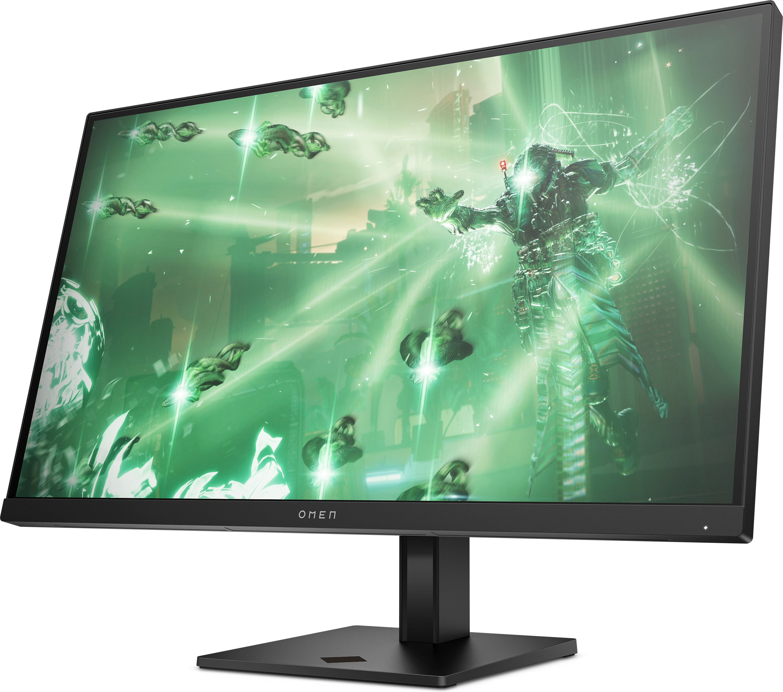 Ein schwarzer OMEN-Monitor zeigt eine grüne, futuristische Kampfszene. Der Monitor steht auf einem schwarzen Ständer.