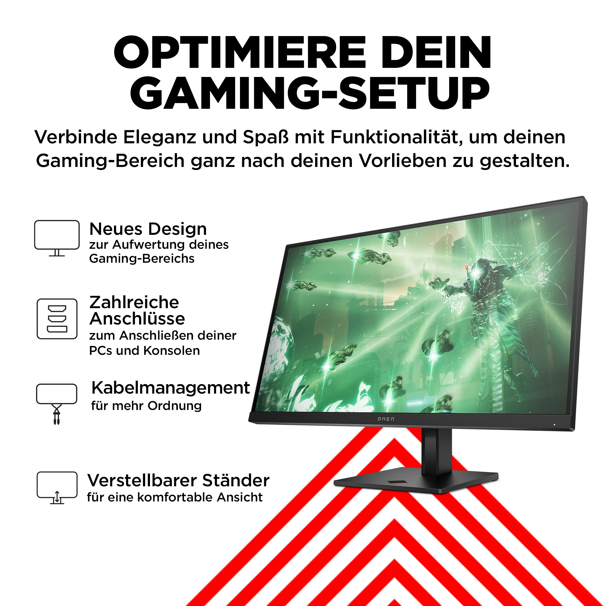 Ein Monitor mit Text und Bildern zum Thema Gaming, mit einem roten Pfeildesign.