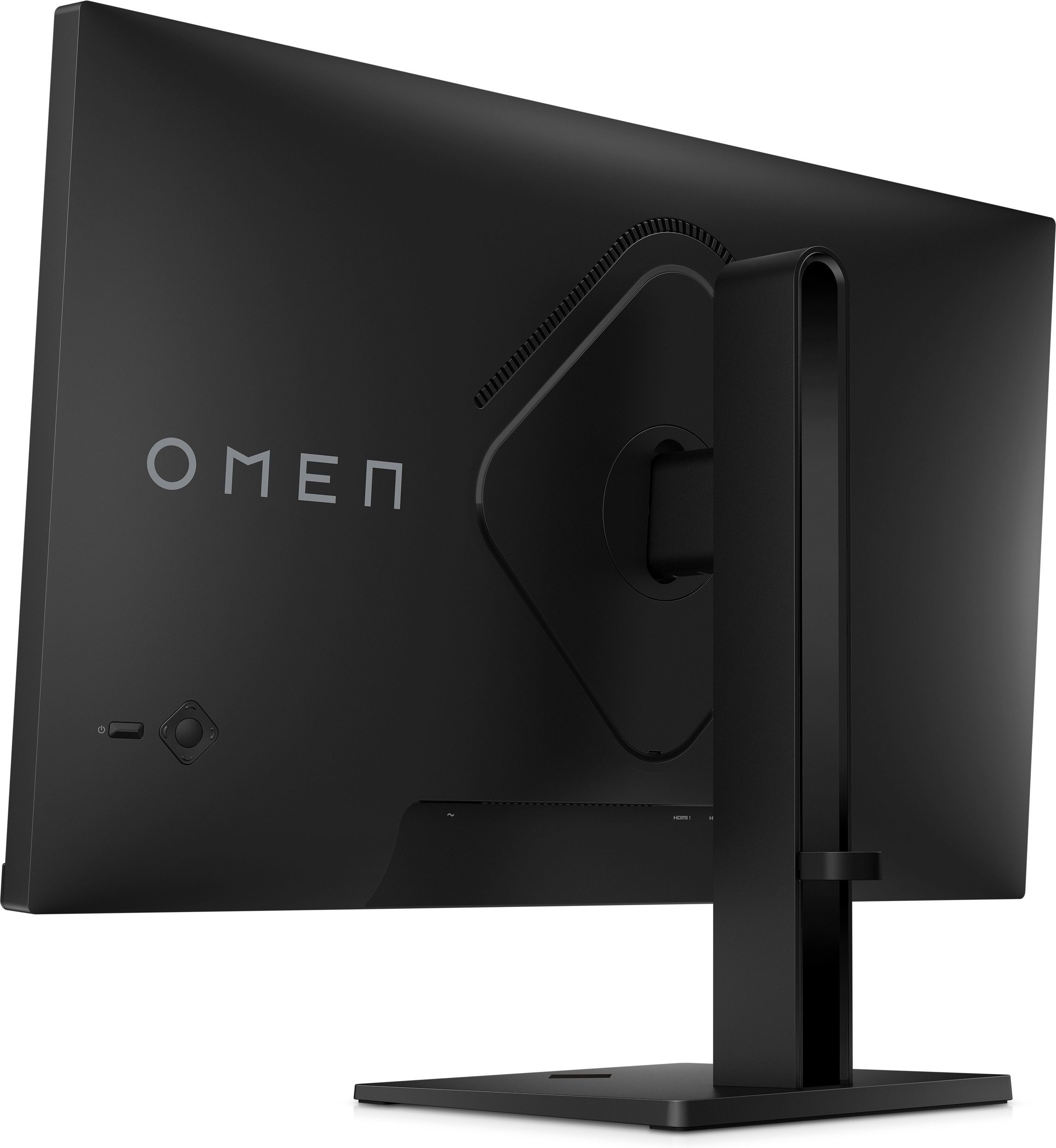 Rückseite des schwarzen Monitors: OMEN-Logo, Ständer und Anschlüsse. Winkelansicht, dunkle Umgebung.