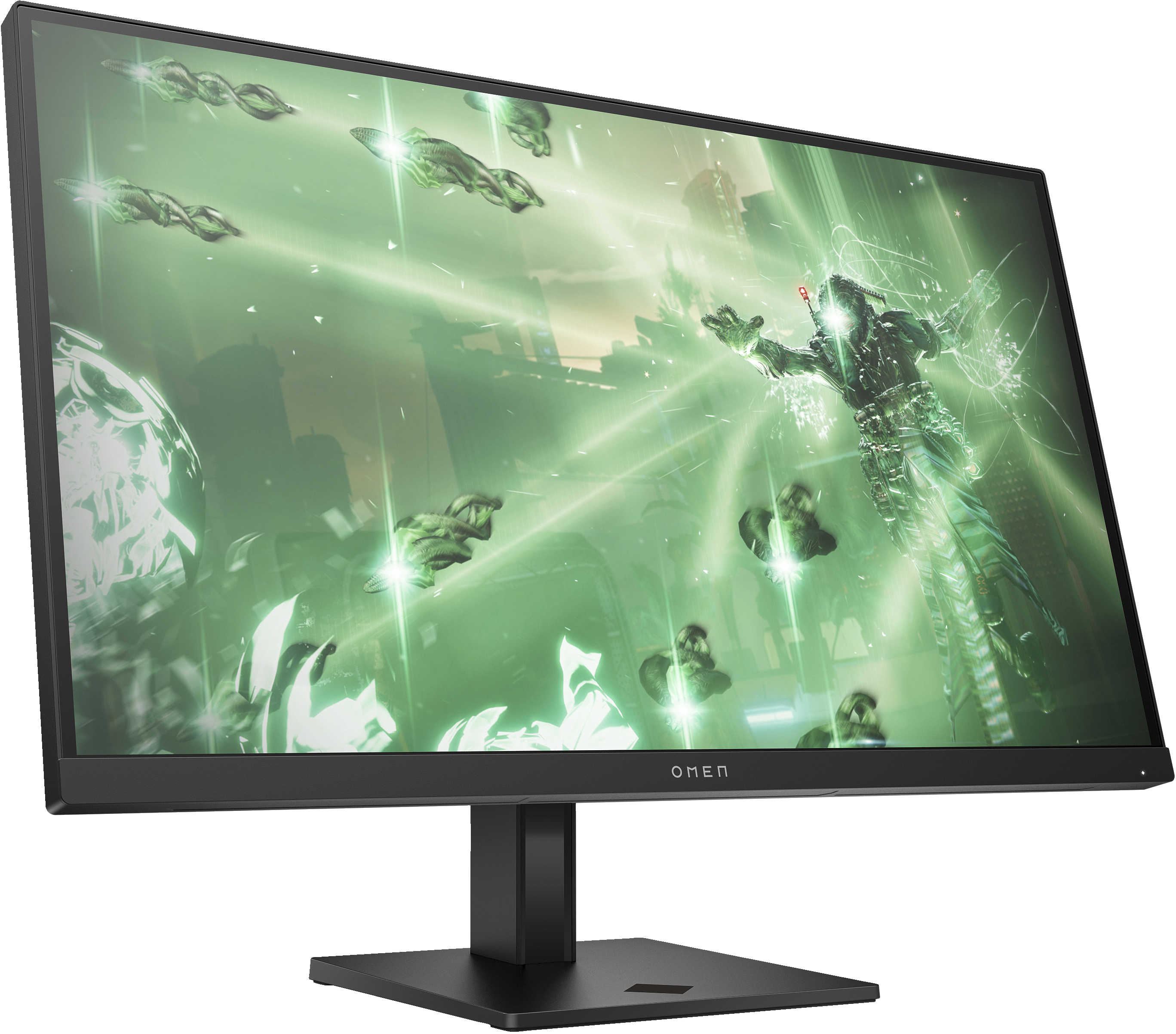 Schwarzer Monitor mit einer grün-schwarzen Grafik. Der Monitor ist auf einem schwarzen Ständer montiert.