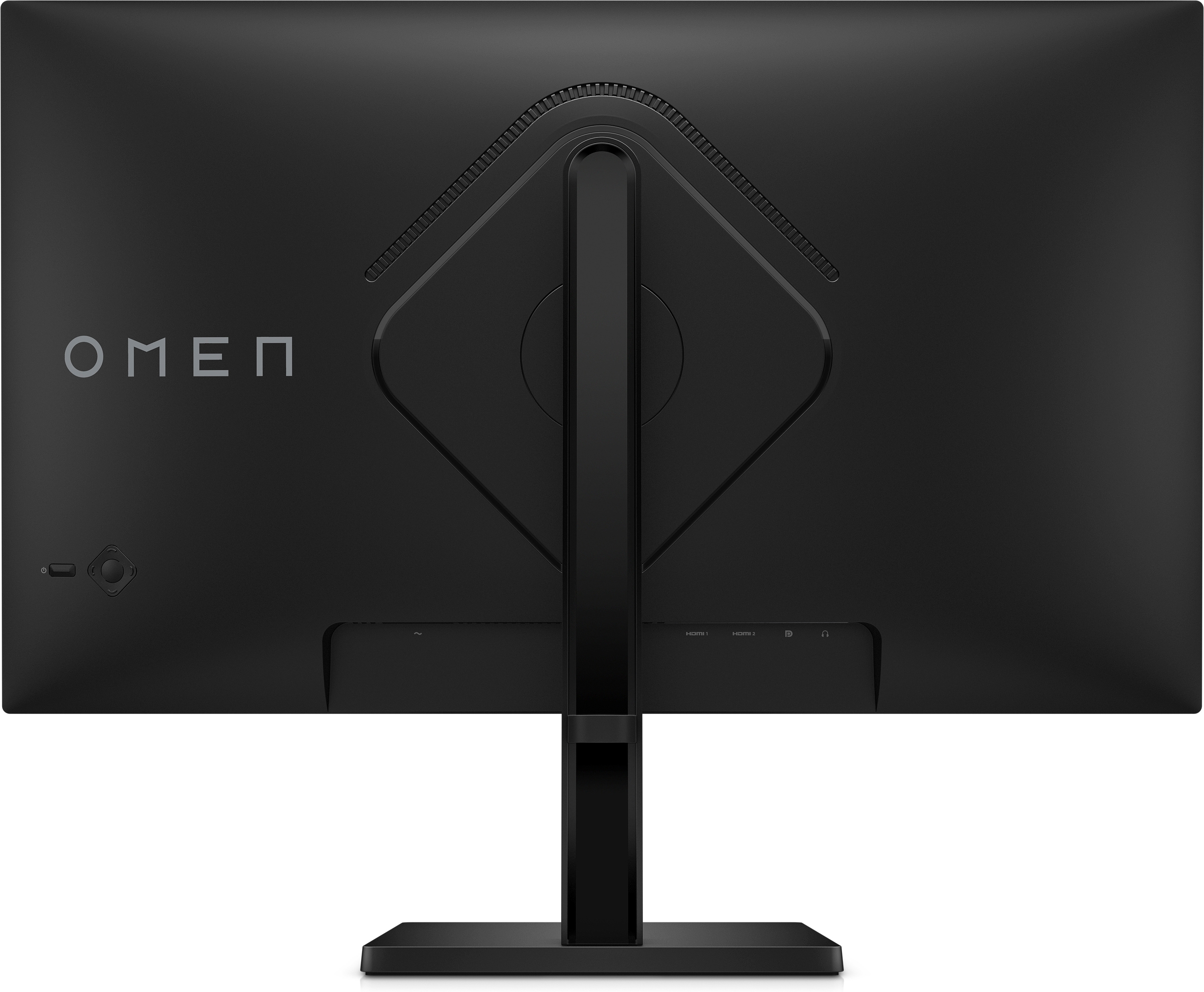 Rückseite eines schwarzen Computermonitors mit dem OMEN-Logo und einem Ständer.