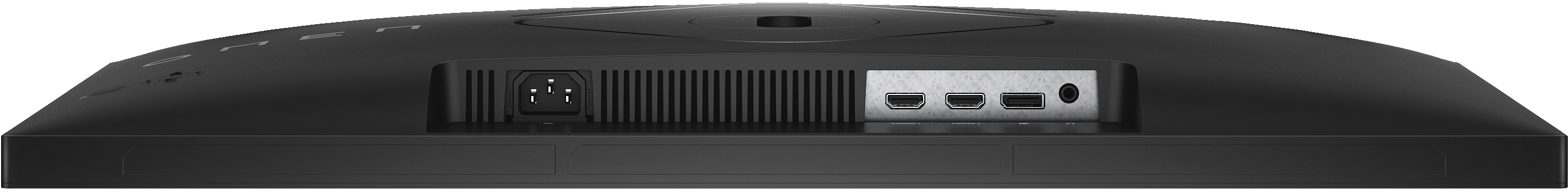 Rückseite eines schwarzen Monitors mit Anschlüssen. Enthält Strom-, HDMI- und Audioanschlüsse.