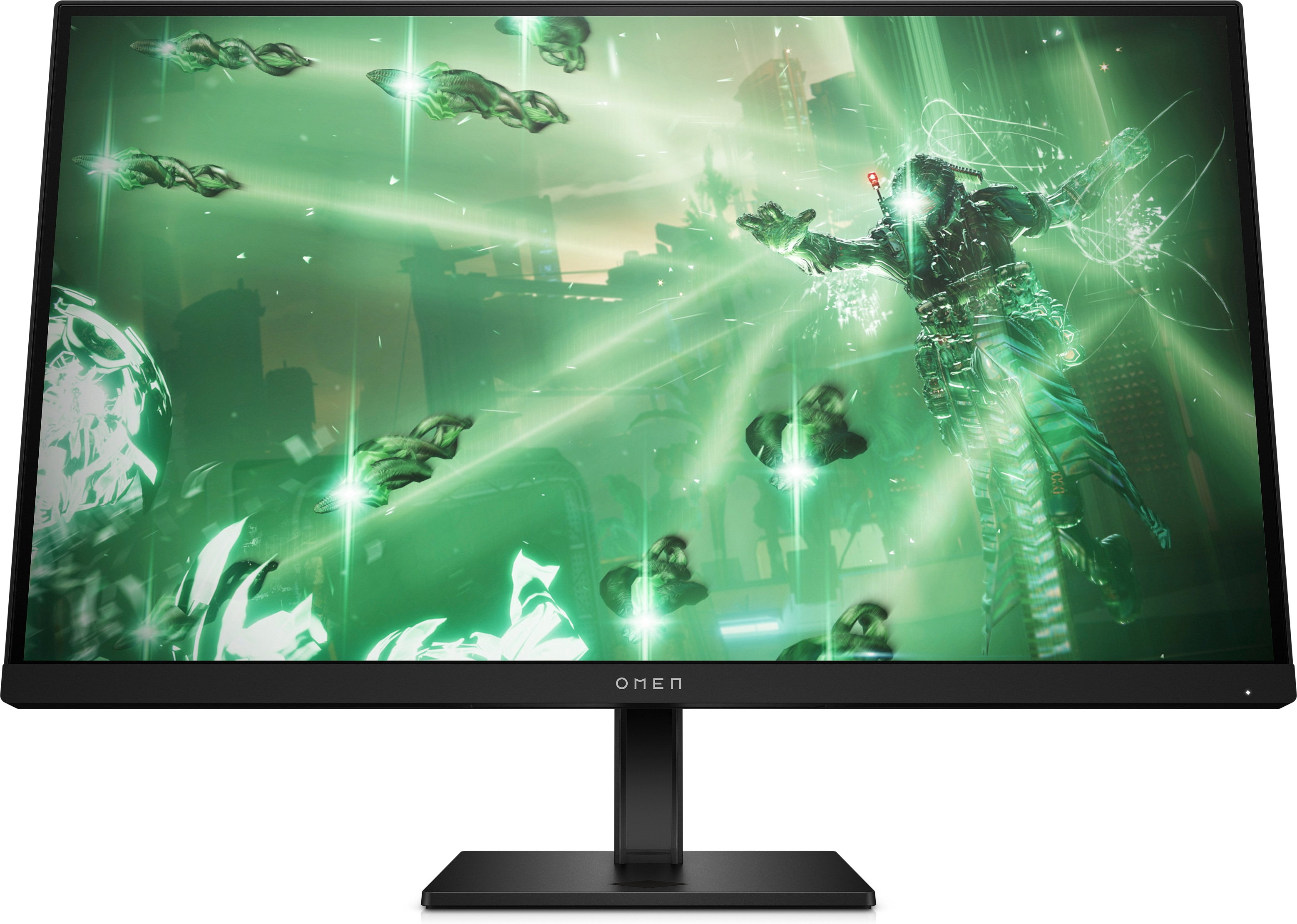 Ein Gaming-Monitor, der ein grün-thematisches Spiel mit einer futuristischen Figur anzeigt.