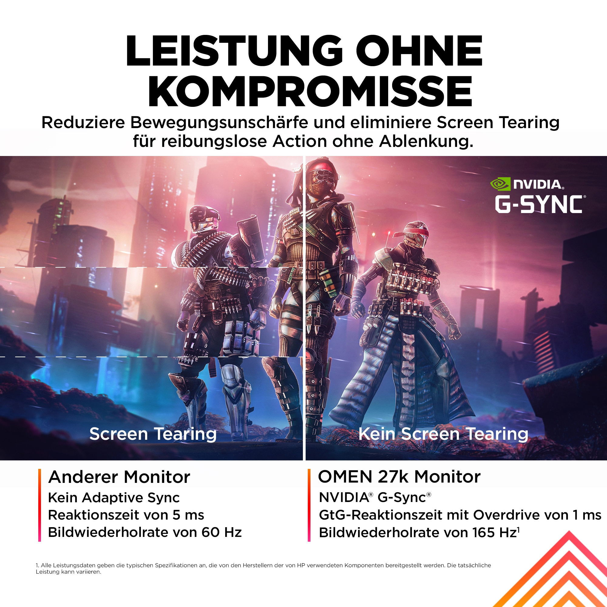 Bild zeigt Screen-Tearing-Vergleich mit OMEN 27K Monitor Details, mit Text.