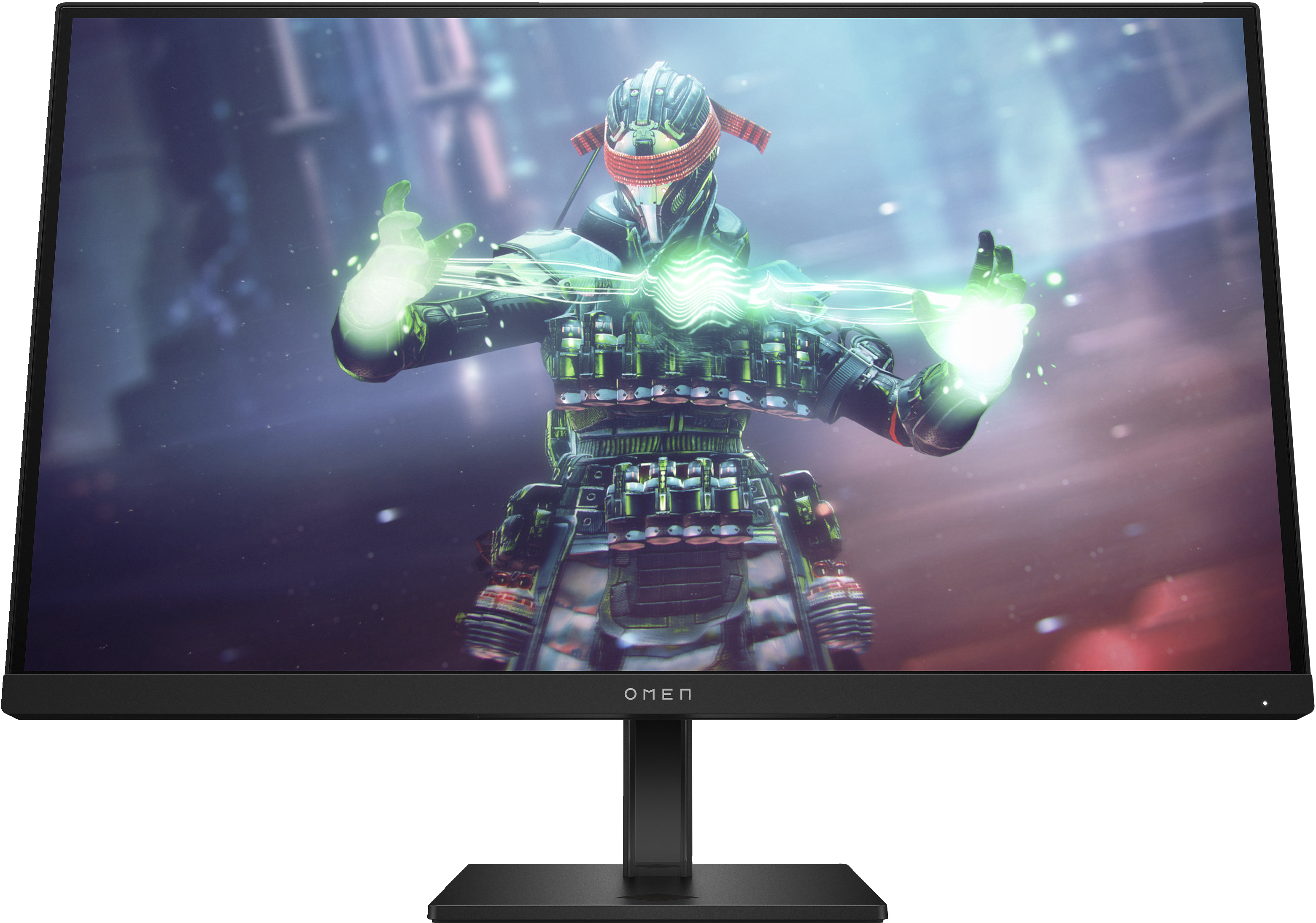 Schwarzer Monitor zeigt eine Spielszene. Eine Figur in der Mitte strahlt grünes Licht aus.