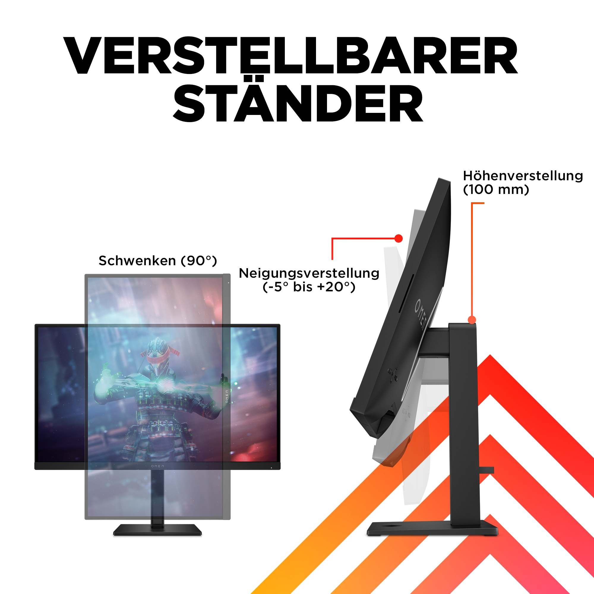 Der Monitorständer, der Schwenk- und Neigungseinstellungen zeigt. Der Monitor ist schwarz, mit Text auf Deutsch.