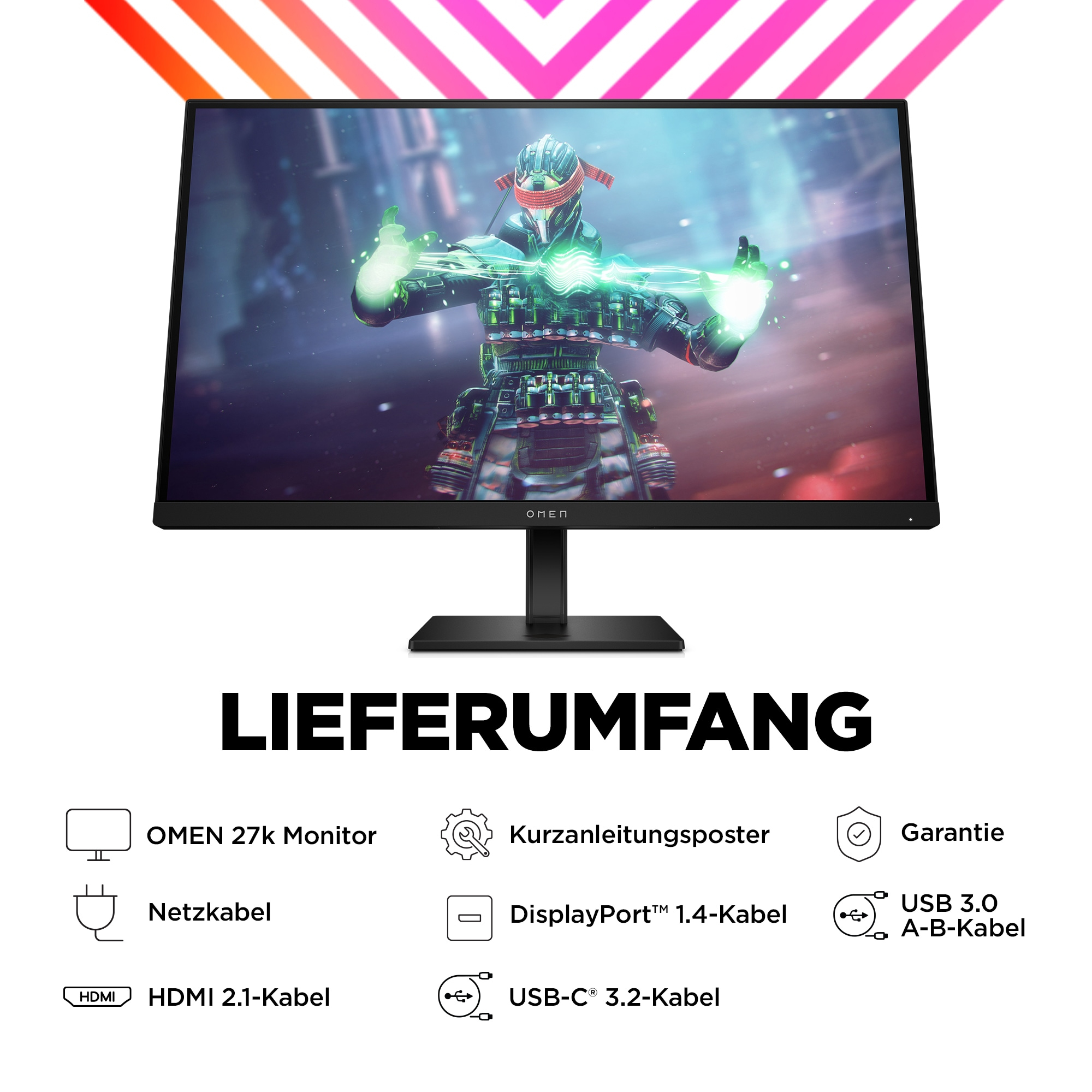 Schwarzer Computermonitor mit Ständer, ein Menü mit Spielszene wird angezeigt.