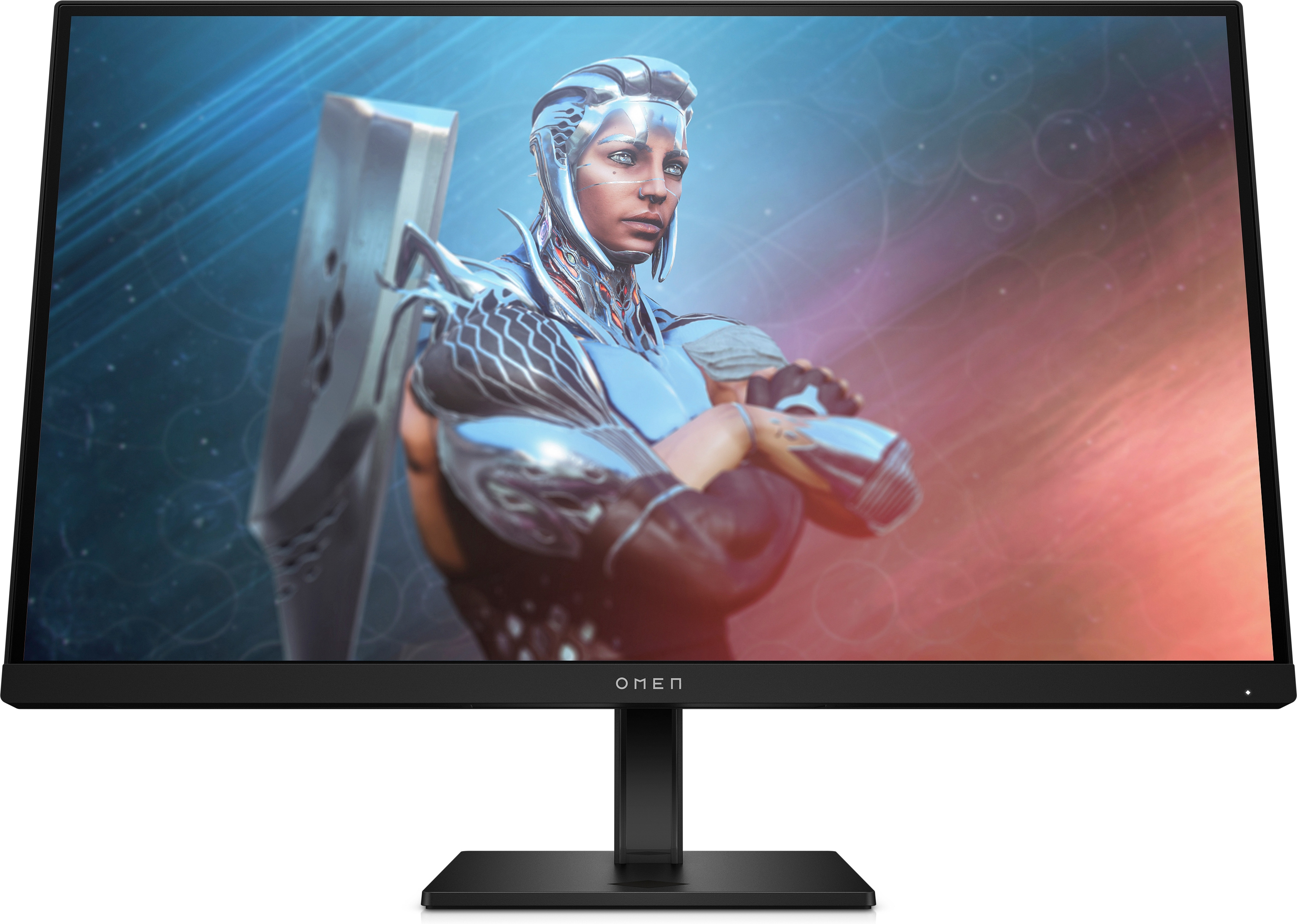 Ein schwarzer Omen-Monitor, der eine digitale Frau und einen bunten Hintergrund zeigt. Der Monitor hat einen Standfuß.