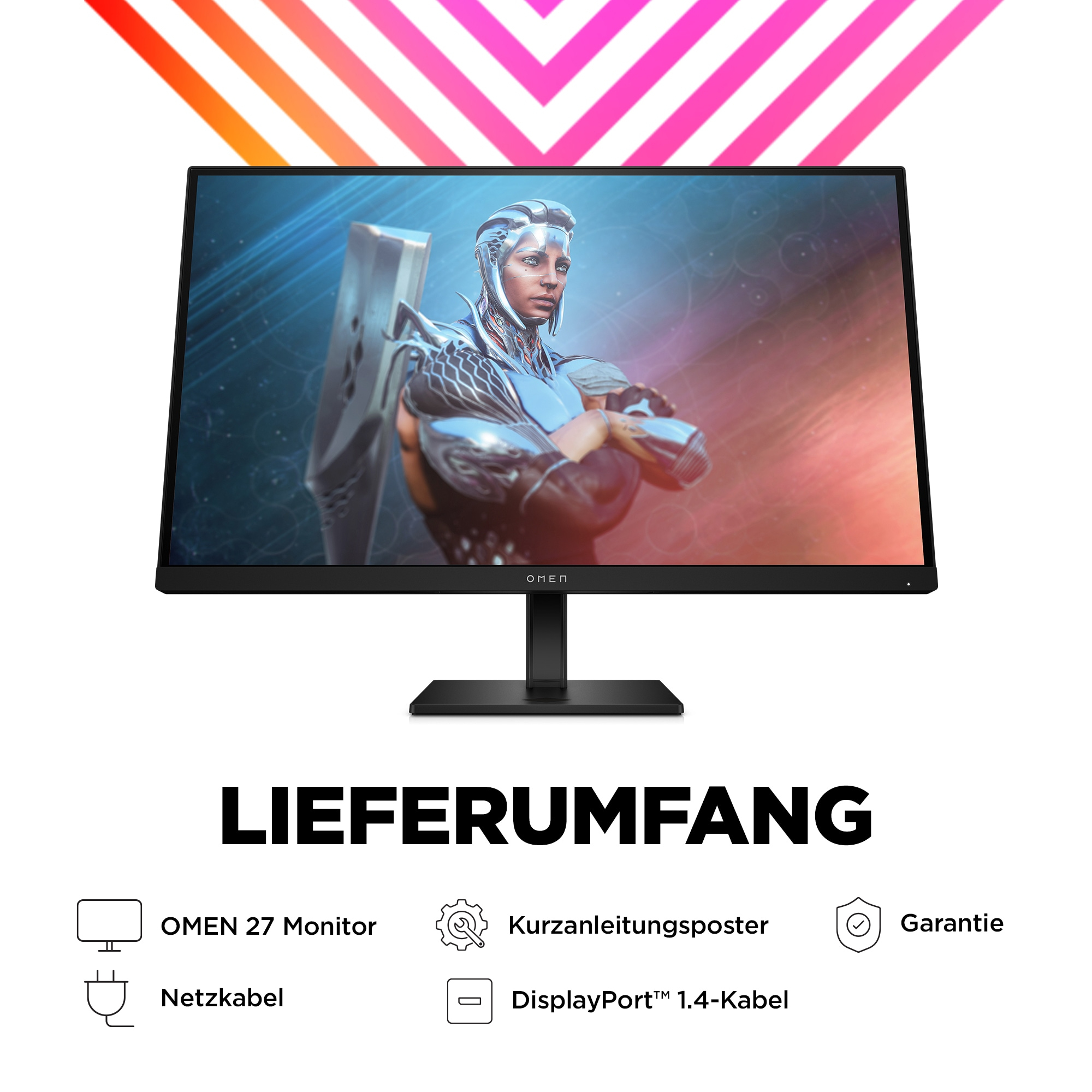 Ein schwarzer Monitor mit einem Bild einer Frau und dem Markennamen OMEN unten.
