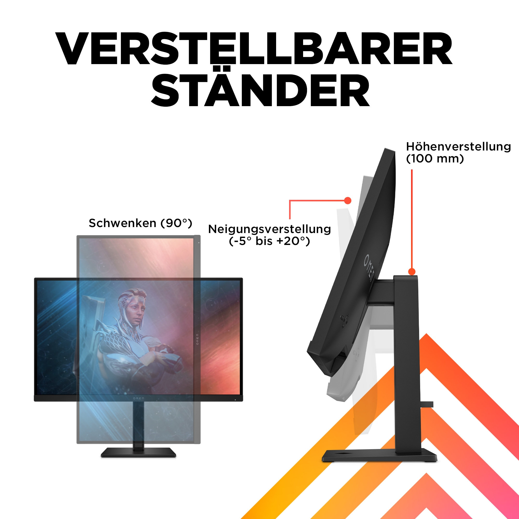 Ein Monitor mit Details zum verstellbaren Ständer, der Neige- und Schwenkwinkel zeigt.