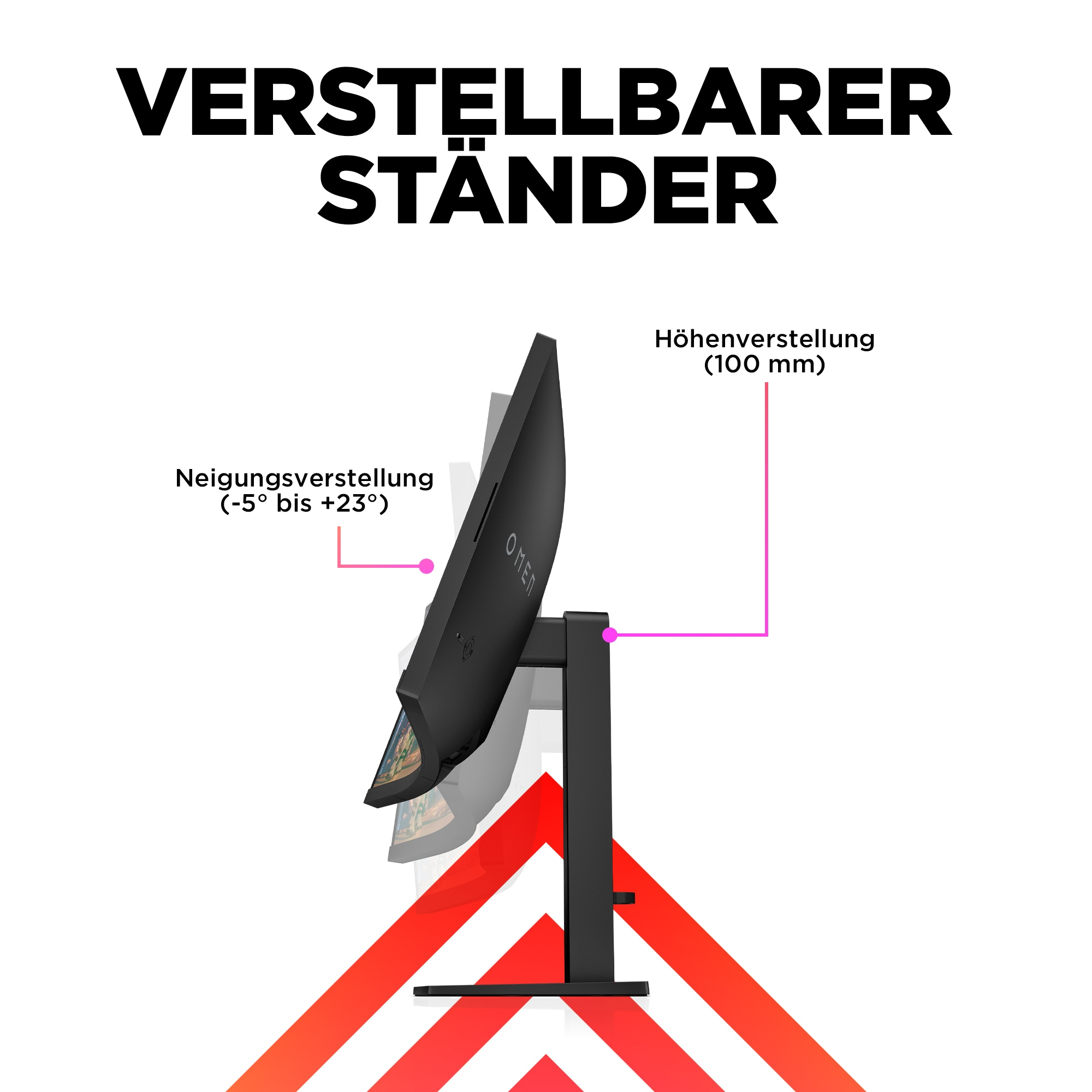 Computermonitor mit verstellbarem Ständer. Zeigt Winkel- und Höhenverstellung.