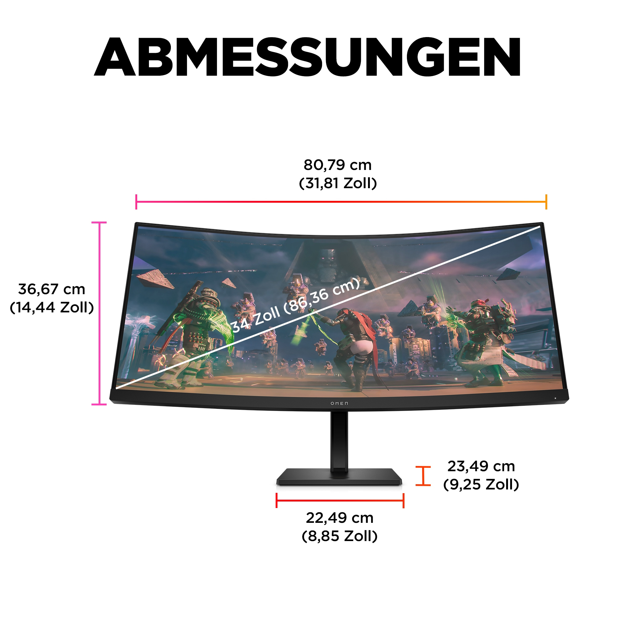 Ein gekrümmter Monitor, der Abmessungen und eine Spielszene anzeigt.