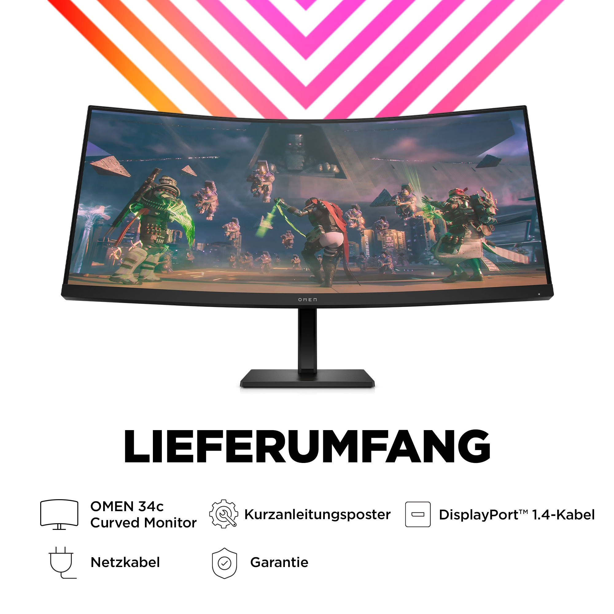 Ein gekrümmter OMEN-Monitor zeigt eine Spielszene, mit Text und Grafiken unten.