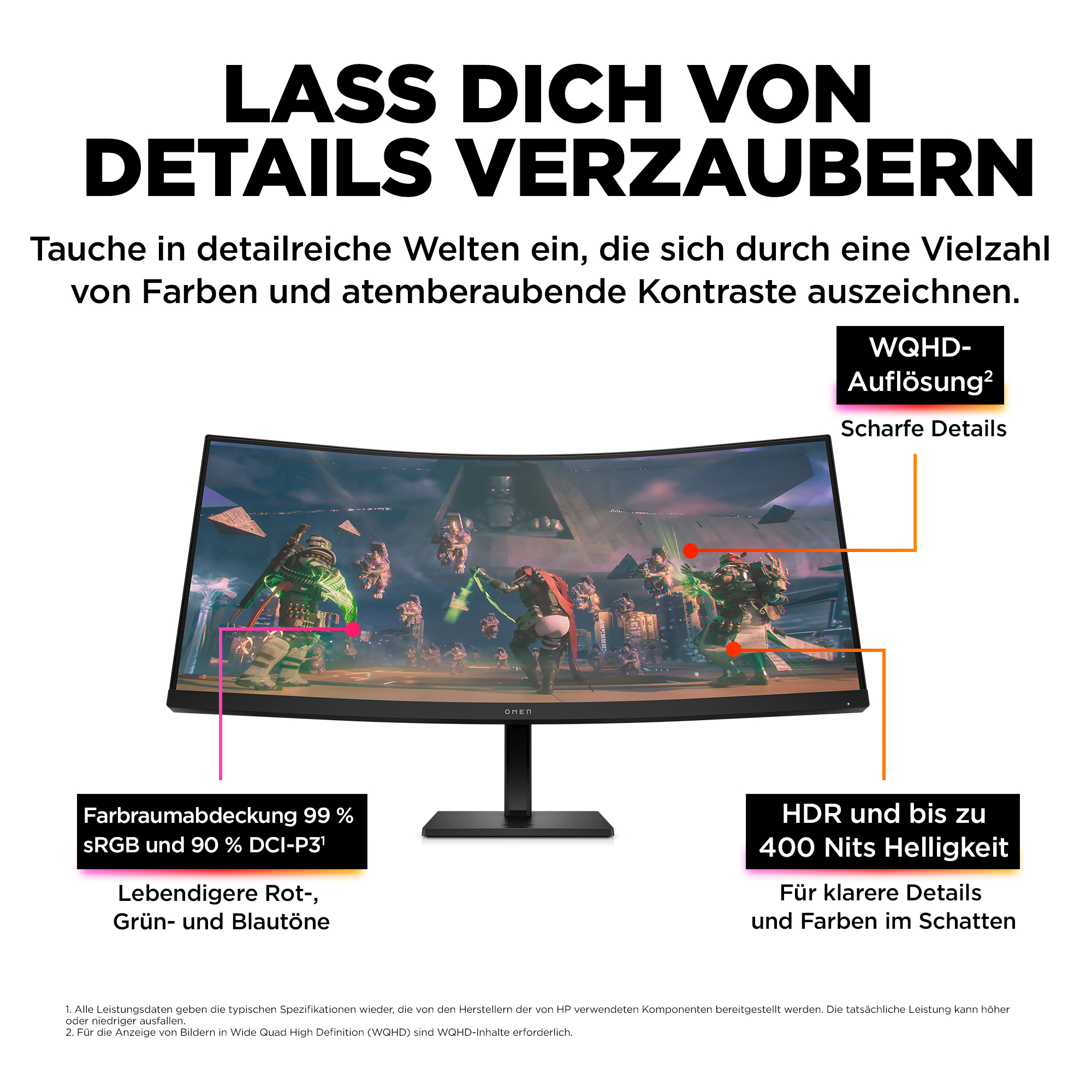 Monitorbildschirm mit hervorgehobenen Funktionen: WQHD-Auflösung, Farbbereich und Helligkeitsstufen.