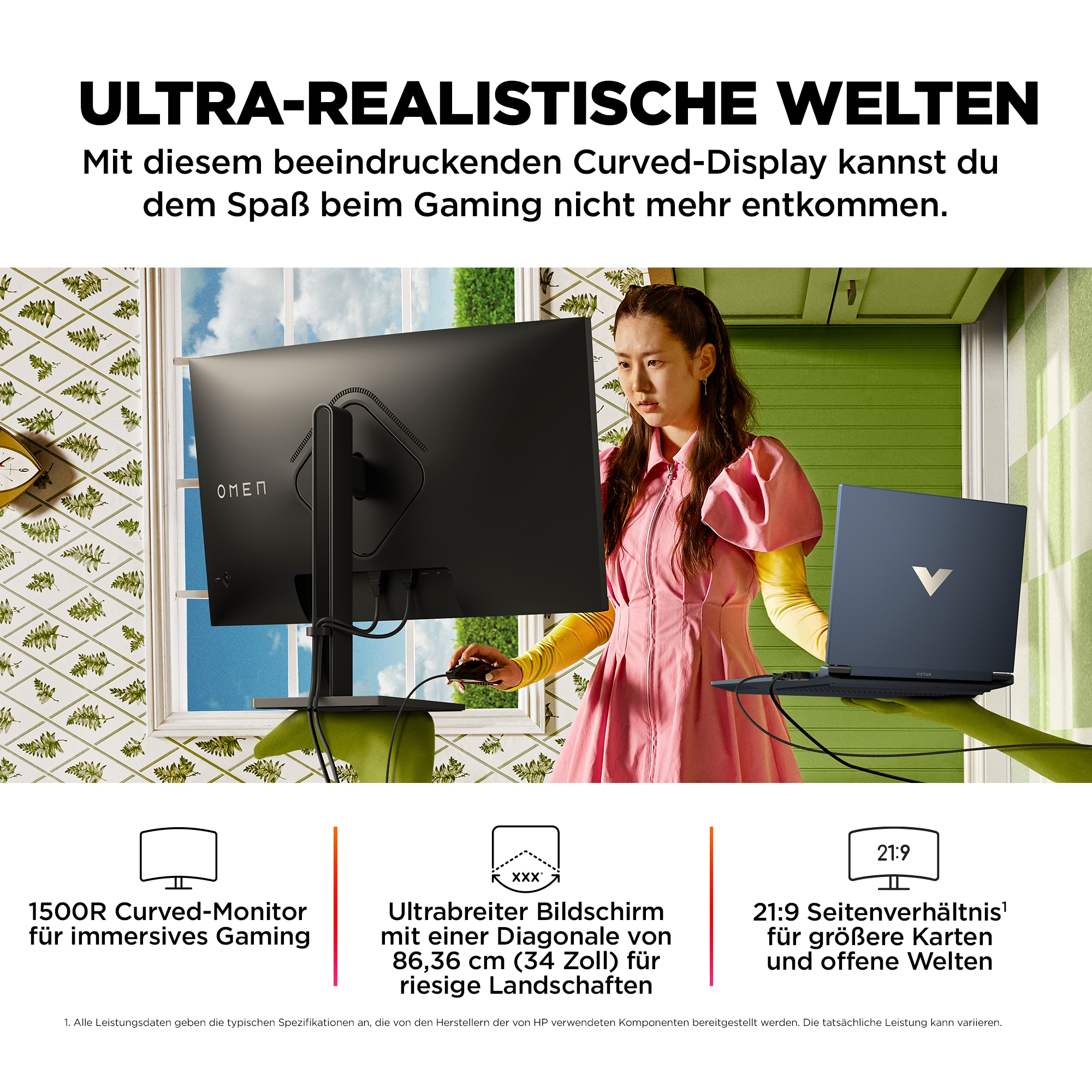 Eine Frau benutzt einen Laptop mit großem Monitor auf einem Schreibtisch. Text und Diagramme unter dem Monitor.