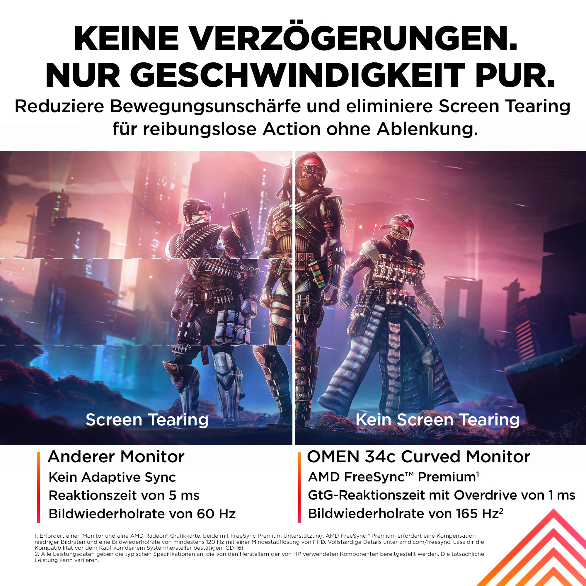 Text: 'KEINE VERZÖGERUNGEN. NUR GESCHWINDIGKEIT PUR.' Bildschirmrisse vs. kein Riss.