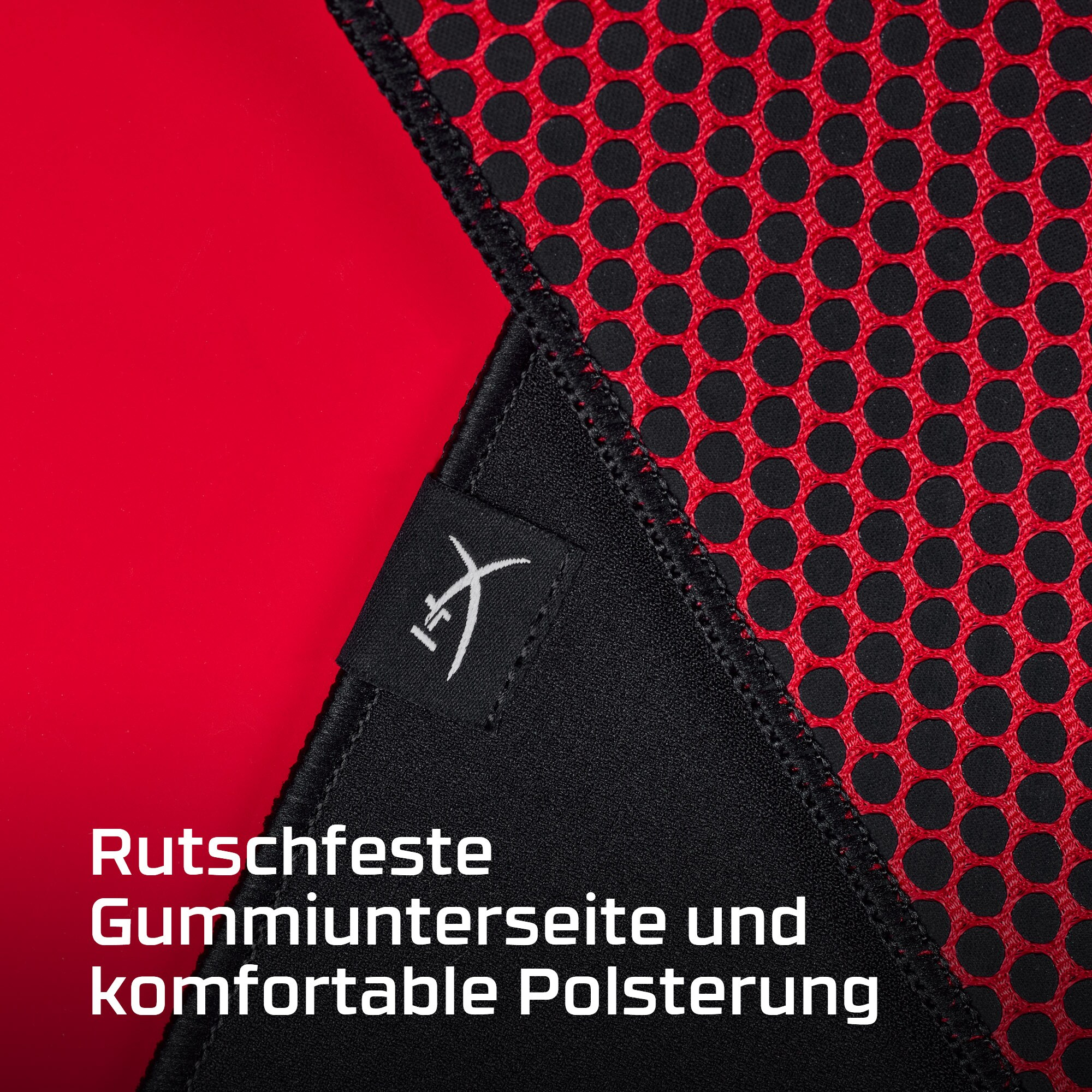 Rotes Gaming-Mauspad. Das Mauspad hat eine schwarze, netzartige Oberfläche.