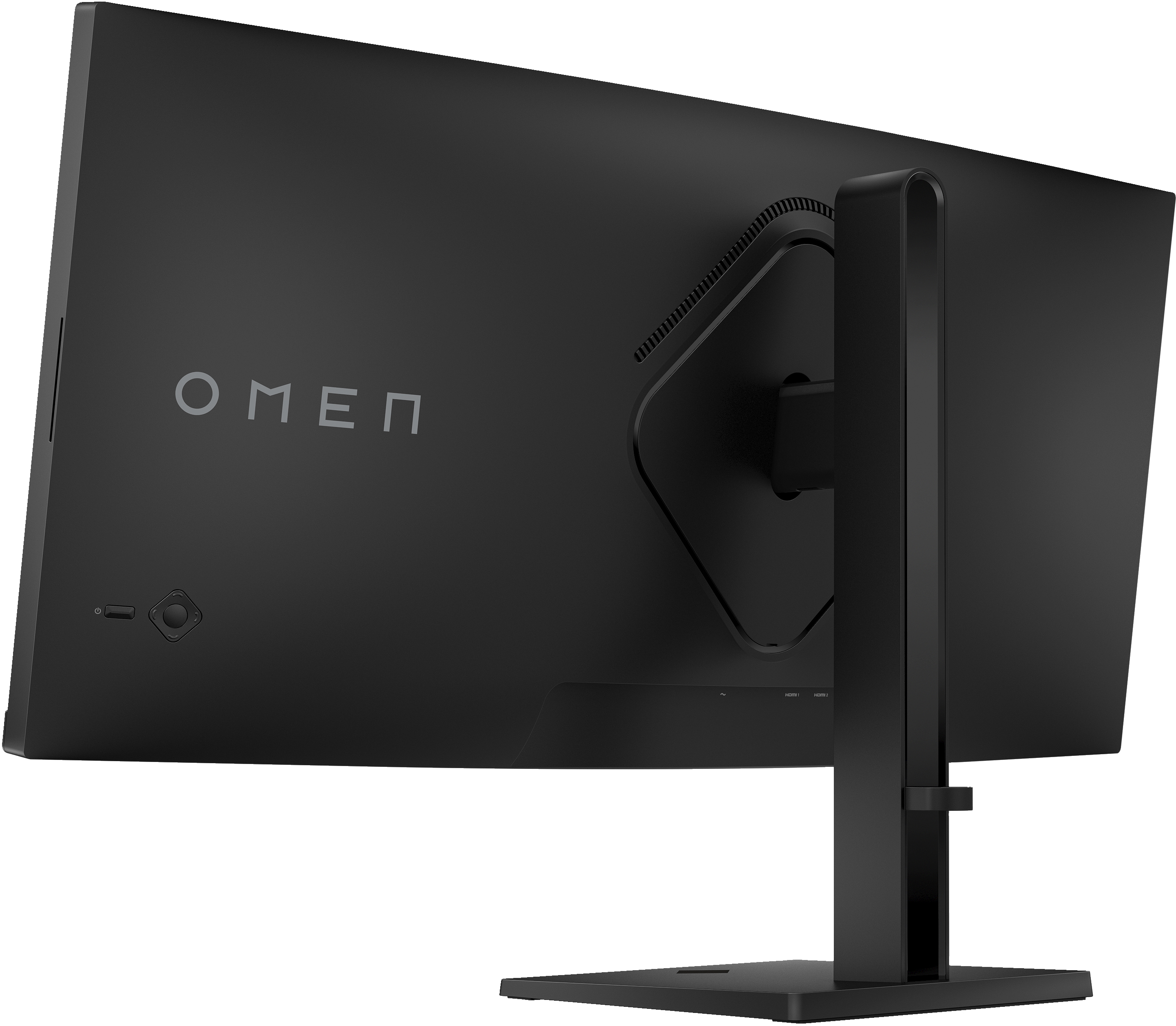 Rückseite eines schwarzen OMEN Gaming-Monitors. Ständer auf der Rückseite. Anschlüsse und Netzschalter sichtbar.
