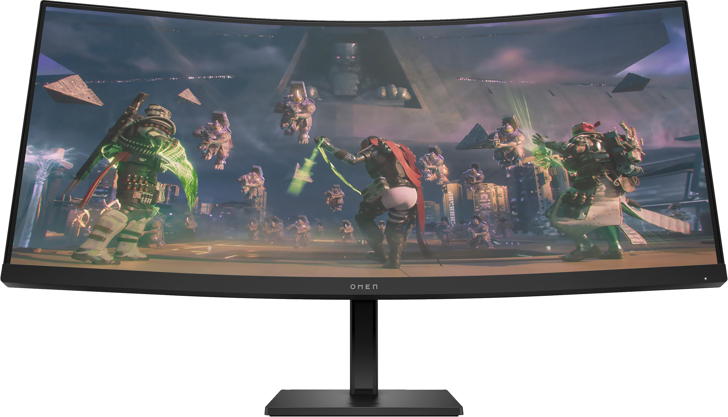Gebogener Omen Gaming-Monitor, der eine Spielszene mit kämpfenden Charakteren zeigt.