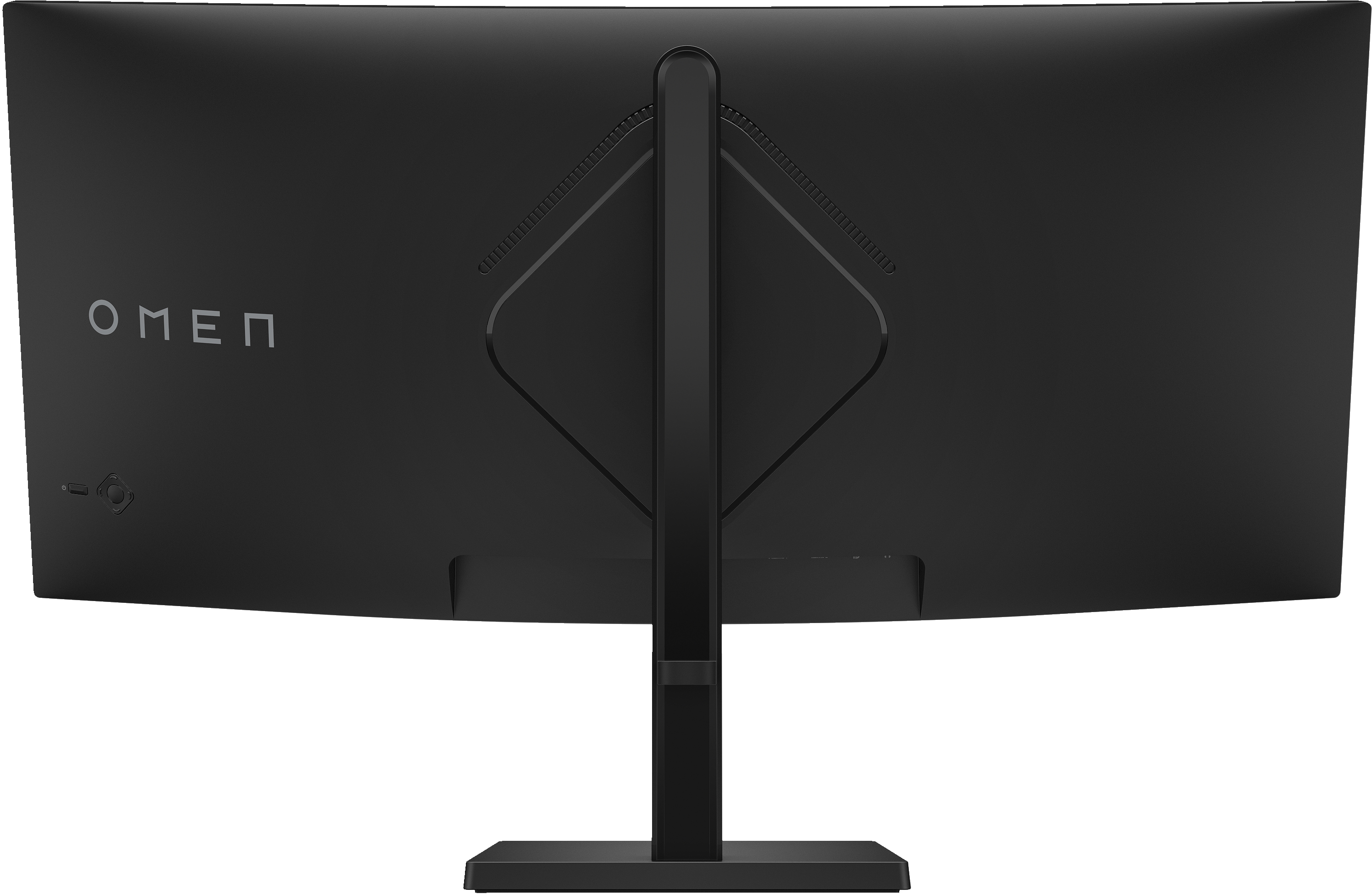 Schwarzer, gekrümmter OMEN-Monitor. Standfuß und Rückseite sichtbar. OMEN-Logo in der Mitte.