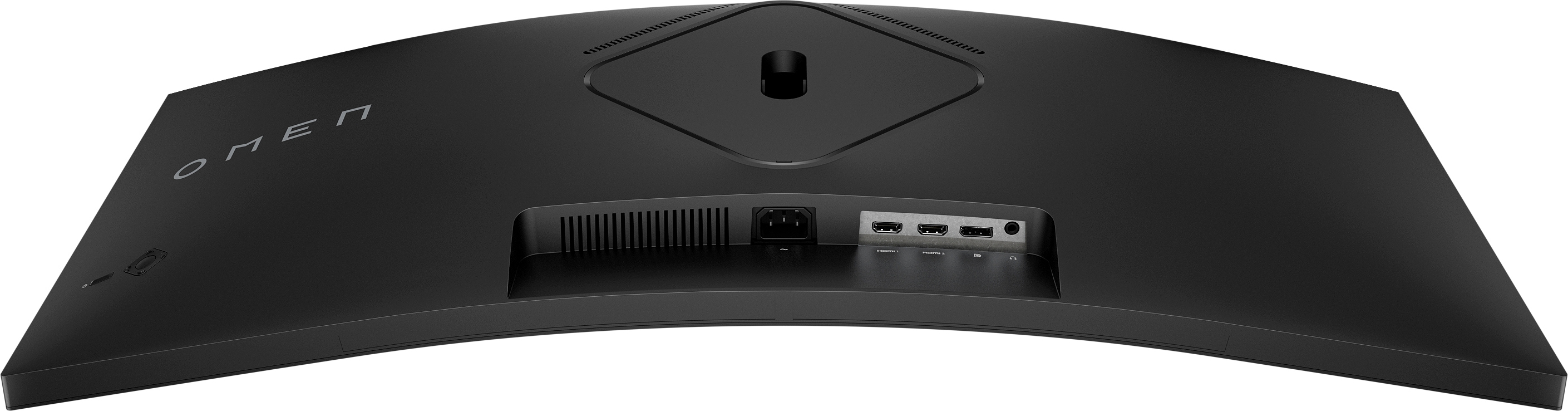 Rückansicht eines schwarzen OMEN Gaming-Monitors. Anschlüsse sind sichtbar. Gebogenes Design.