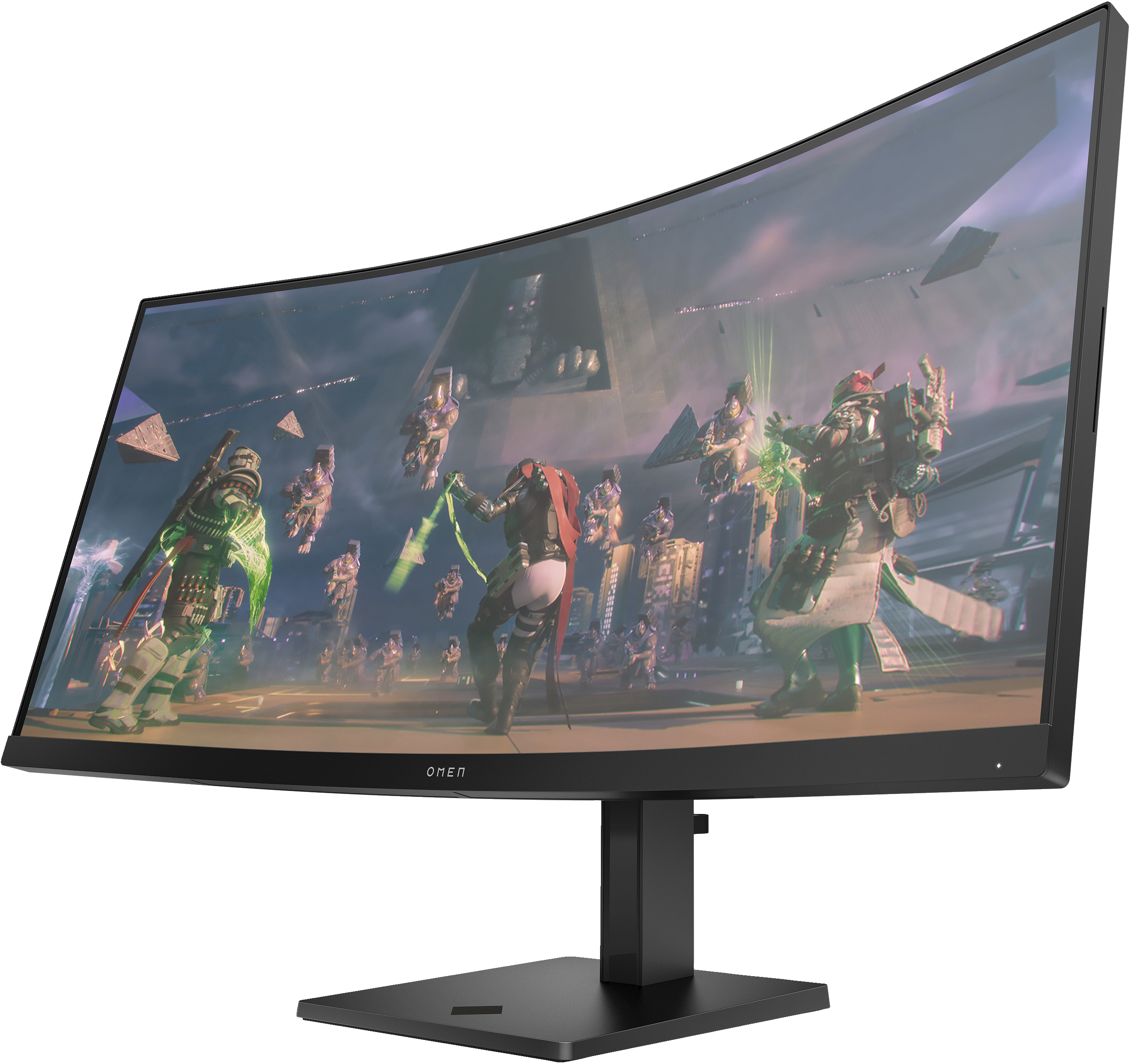 Ein gebogener Gaming-Monitor zeigt eine Szene mit futuristischen Charakteren, grüner und weißer Beleuchtung und einem Science-Fiction-Setting.