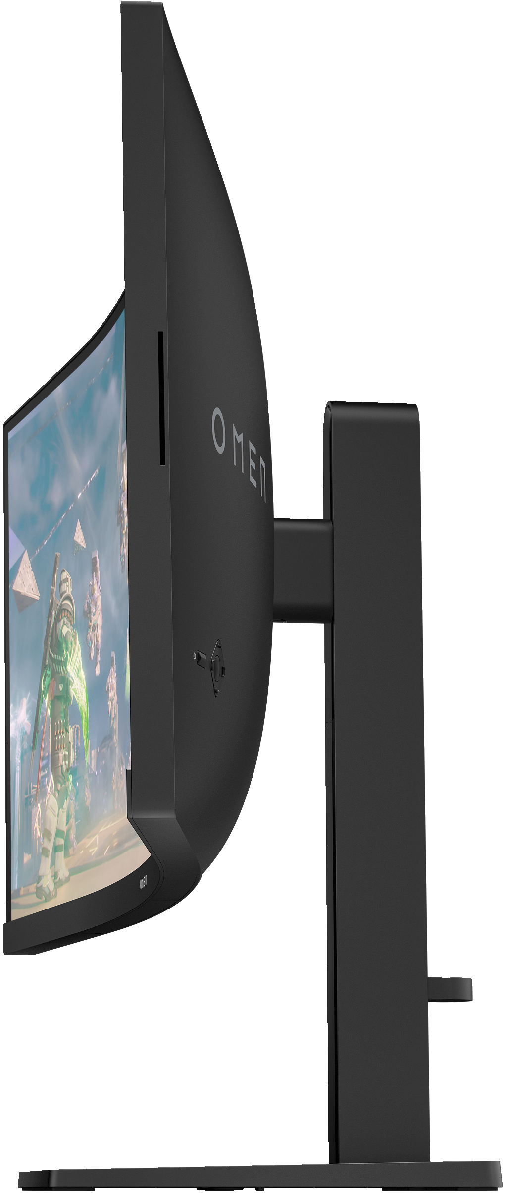 Gebogener schwarzer Computermonitor mit Spiel auf dem Bildschirm, Seitenansicht.